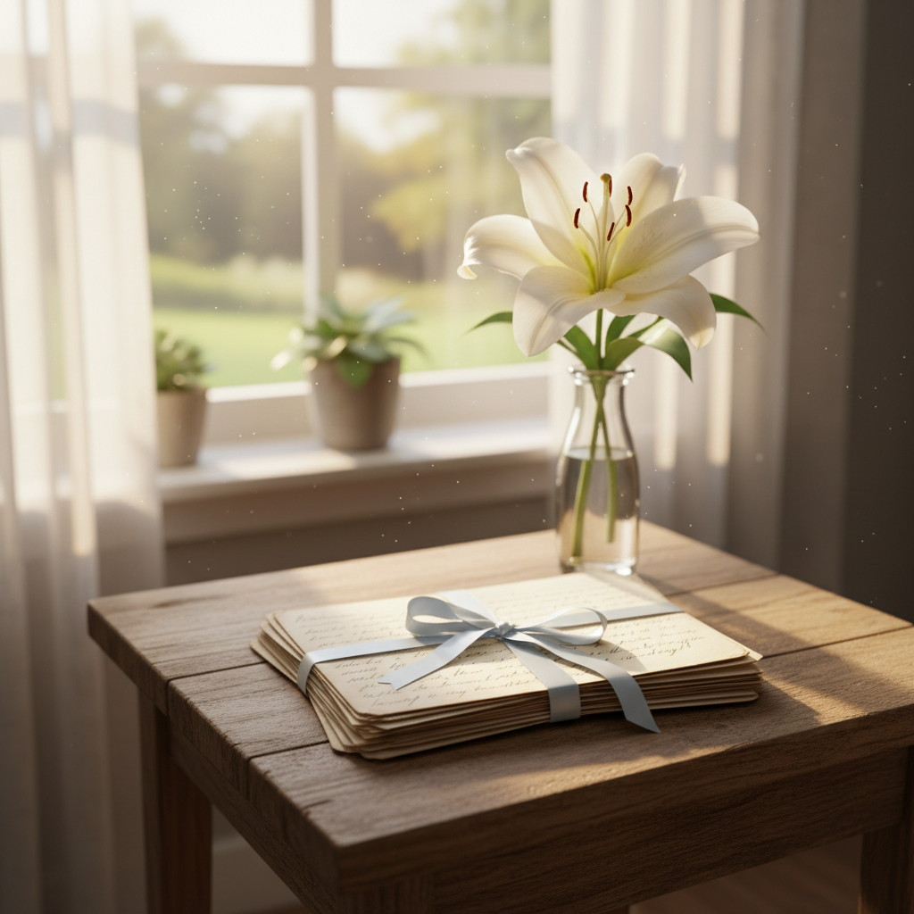A small, rustic wooden table beside a sunlit window, holding a neat stack of handwritten letters tied with a pale blue satin ribbon, resting next to a simple glass vase containing a single white lily in full bloom. The paper edges are slightly worn, with visible texture and gentle creases, suggesting treasured memories. Morning light pours through sheer white curtains, illuminating dust motes in the air and creating a soft halo around the flower. Photographic realism, shot from a slightly elevated angle with rule-of-thirds composition, keeping the letters and lily in sharp focus while the background remains softly blurred. The mood is tender, reflective, and gently hopeful, representing cherished love and the ongoing journey of healing.