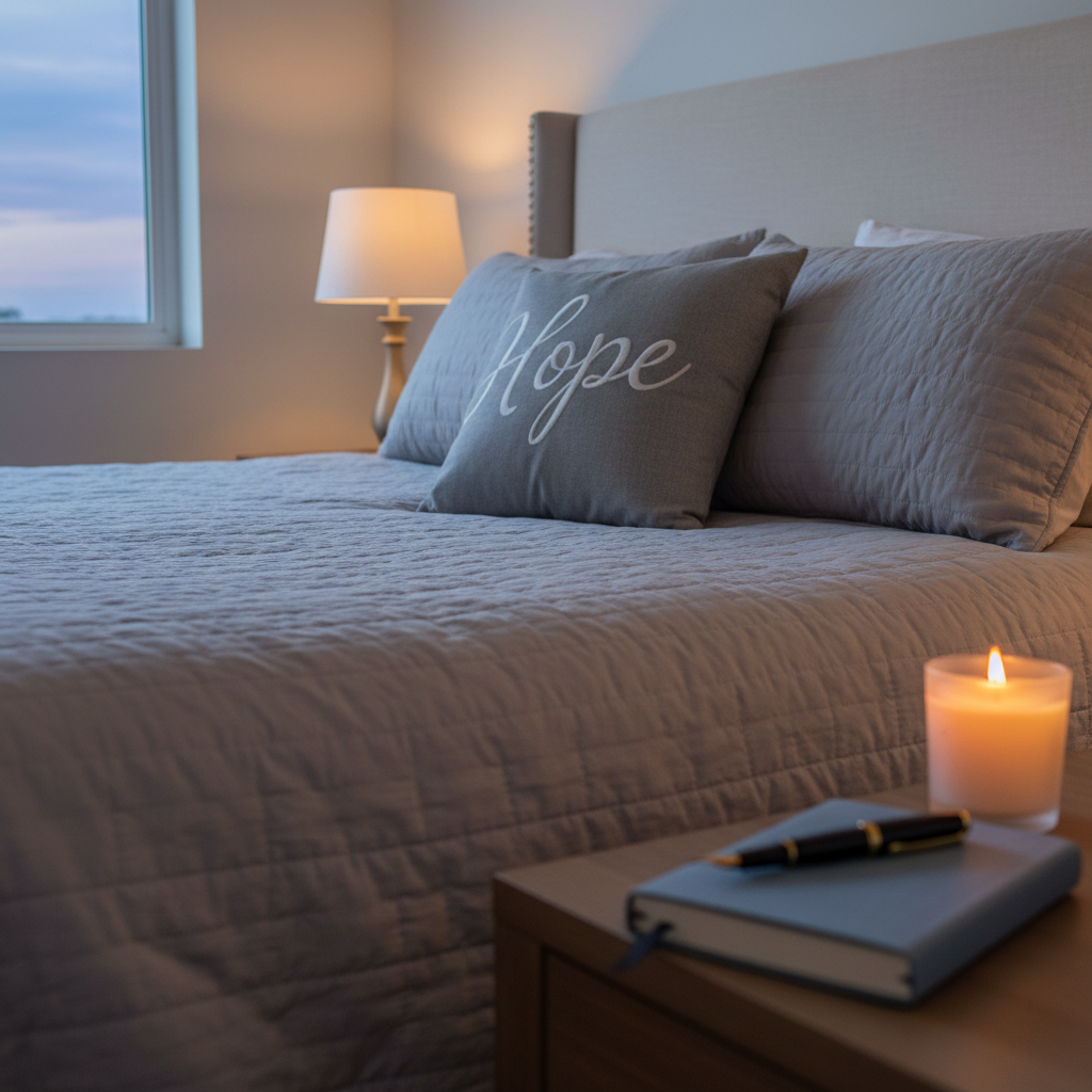 A peaceful bedroom corner featuring a neatly made bed with a soft, light-gray quilt and a single, decorative pillow embroidered with the word “Hope” in delicate cursive script. On the bedside table sits a small, lit candle in a frosted glass holder, a closed journal with a textured linen cover, and a fountain pen resting diagonally on top. Warm, diffused lamplight and faint ambient twilight from a nearby window create a gentle blend of cool and warm tones, casting subtle, elongated shadows. Photographic realism, captured at eye level with a shallow depth of field, keeping the word “Hope” and the candle flame in precise focus. The atmosphere is intimate, safe, and reassuring, suggesting quiet evenings of prayer, reflection, and emotional rest.